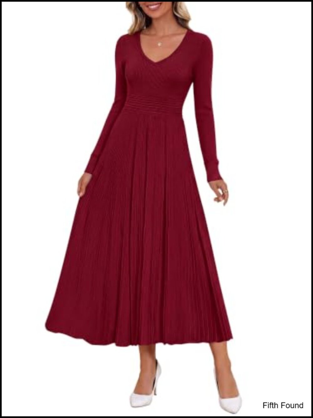 Pleated V-Neck Midi Sweater Dress - Long Sleeve Fit & Flare Knit